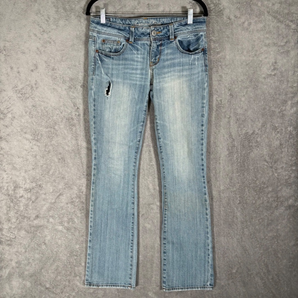 American Eagle Slim Boot Jeans Womens 8 Long Light Wash Distressed Low Rise